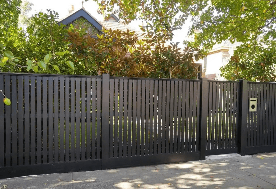 Charcoal black painted slat front fence and gate at a Hallam home, painted by Northern Star Painting